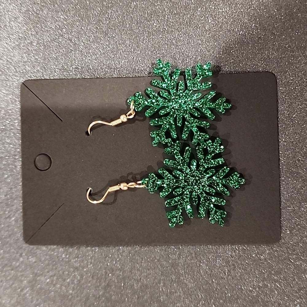 Green Snowflake Earrings - Picture 2 of 2